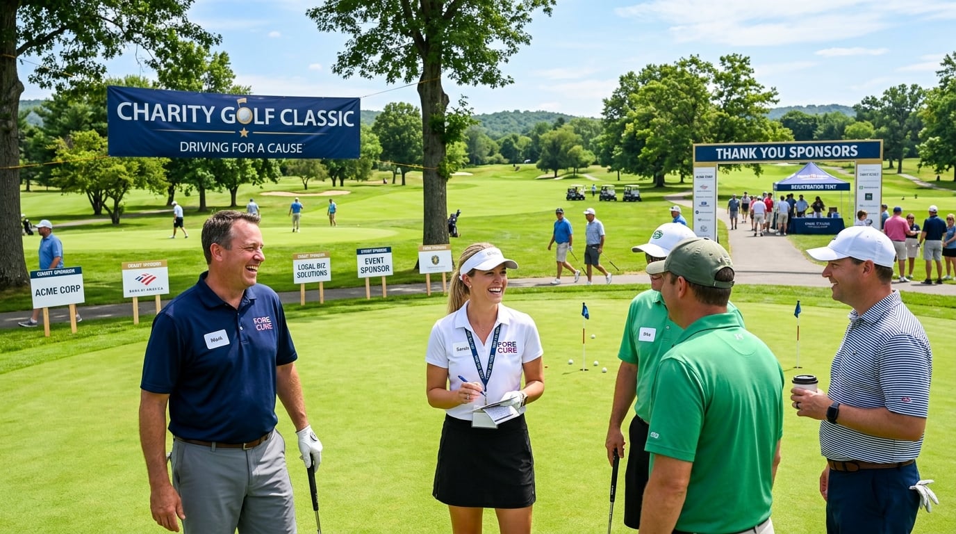 Charity golf day event with golfers and sponsors